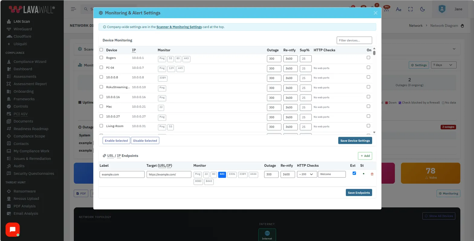 La fenêtre Monitoring and Alert Settings. Device Monitoring énumère chaque appareil avec son adresse, ce qu’il faut surveiller (ping ou ports), les durées Outage, Re-ntfy et Sup%, les HTTP Checks et une case On, avec Enable Selected, Disable Selected et Save Device Settings. URL / IP Endpoints énumère un site Web avec sa cible, ses ports, ses durées, le statut HTTP attendu et le texte de la page, et Ext, avec Add et Save Endpoints.