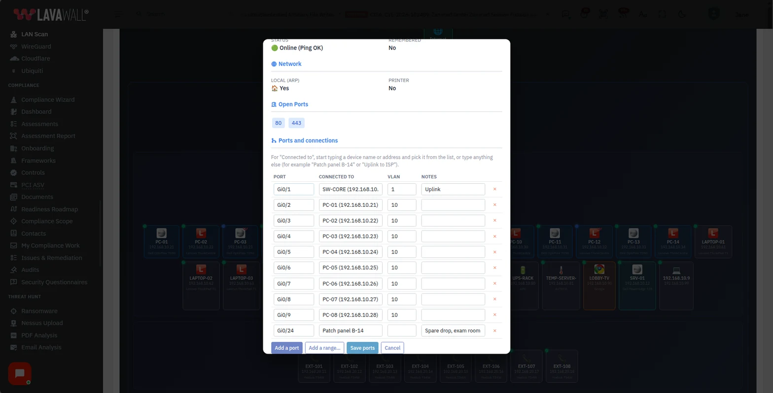 A switch's device window with Ports and connections open for editing: rows of port, connected device, VLAN, and notes, with Add a port, Add a range, Save ports, and Cancel buttons.