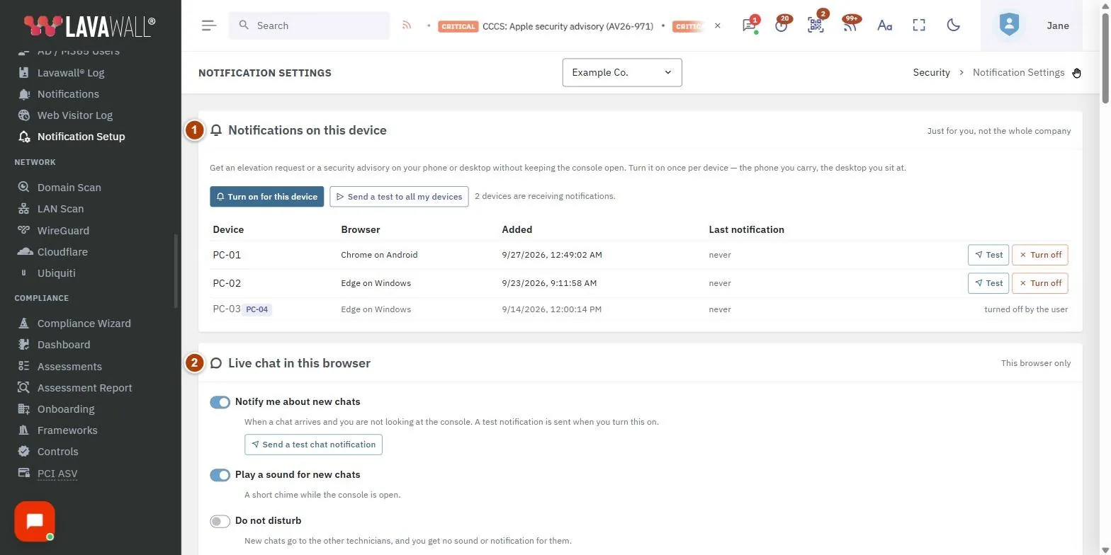 The Notification Setup page, with the notifications on this device, live chat in this browser, more notification settings, service provider incidents, company-wide inactive user defaults, notification subscribers and notifications for (subscriber) numbered 1 to 7.