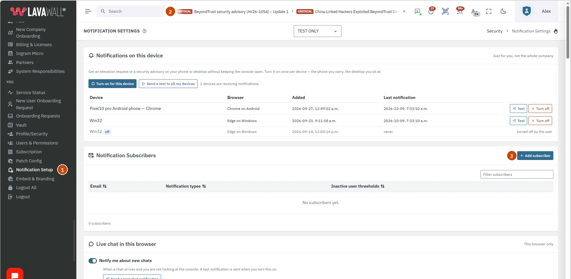 The console with Notification Setup selected in the You section of the side menu (1), the search bar at the top (2), and the Add subscriber button beside Notification Subscribers (3).