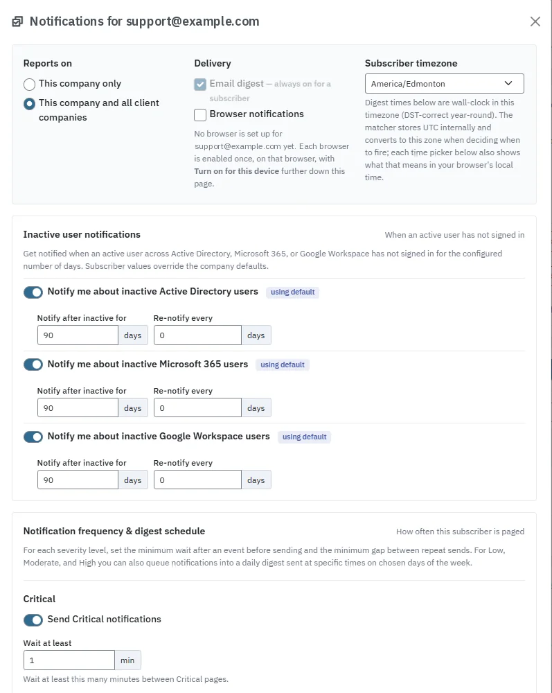 The settings for one subscriber: Reports on, Delivery, Subscriber timezone, Inactive user notifications for Active Directory, Microsoft 365 and Google Workspace, and the start of Notification frequency and digest schedule.