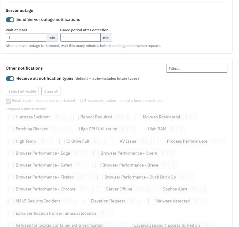 Further down a subscriber's settings: Server outage timing, then Other notifications with Receive all notification types turned on and the list of notification types.