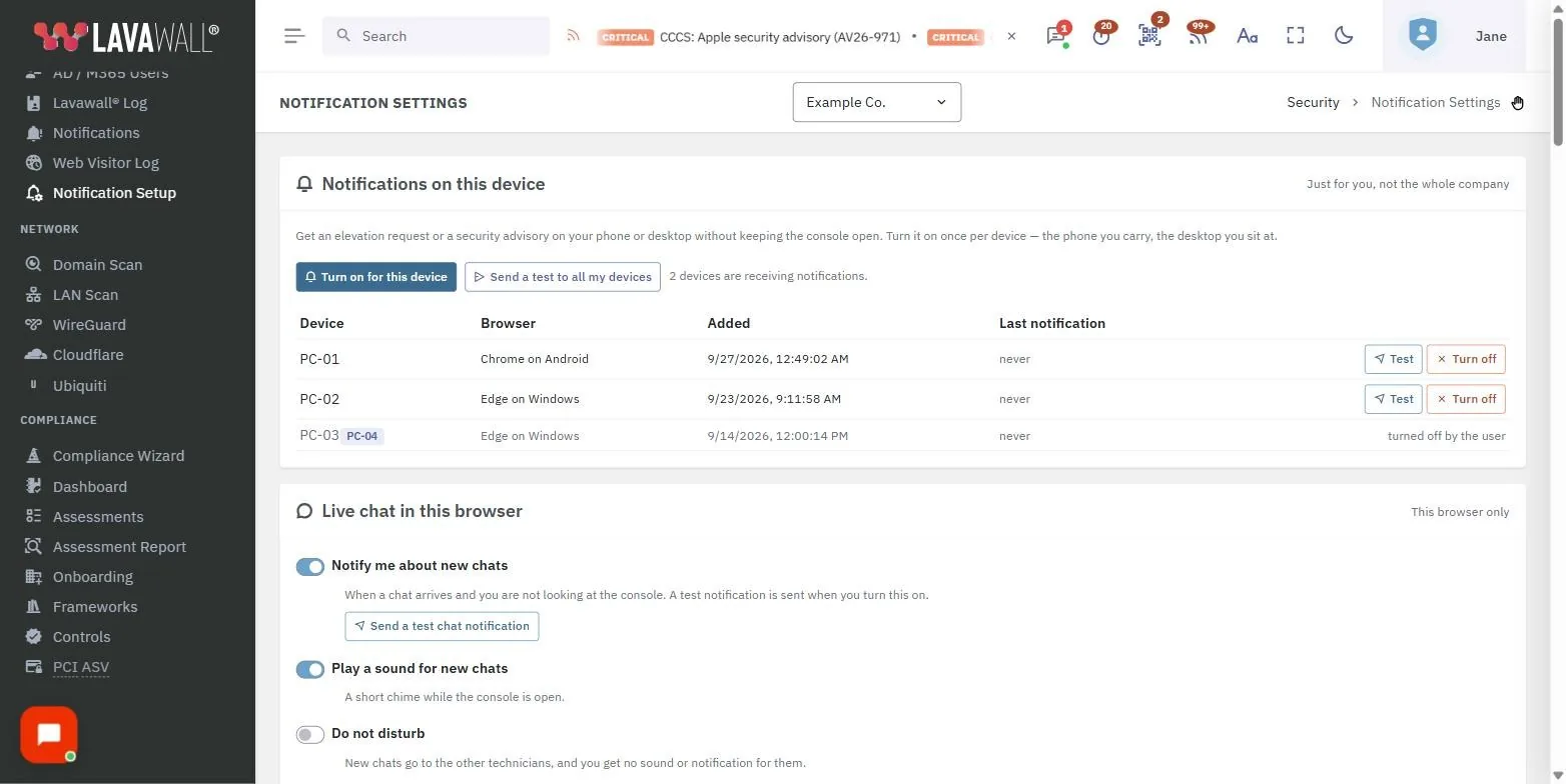 The Notification Setup page in the Lavawall console, showing the notifications on this device, live chat in this browser, more notification settings and service provider incidents, with example data.