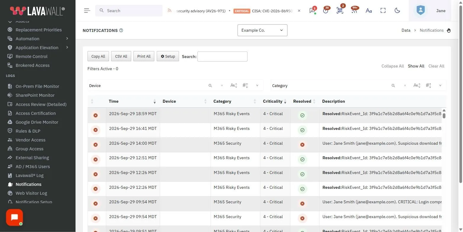 The Notifications page in the Lavawall console, showing the toolbar, filter panes and notifications table, with example data.