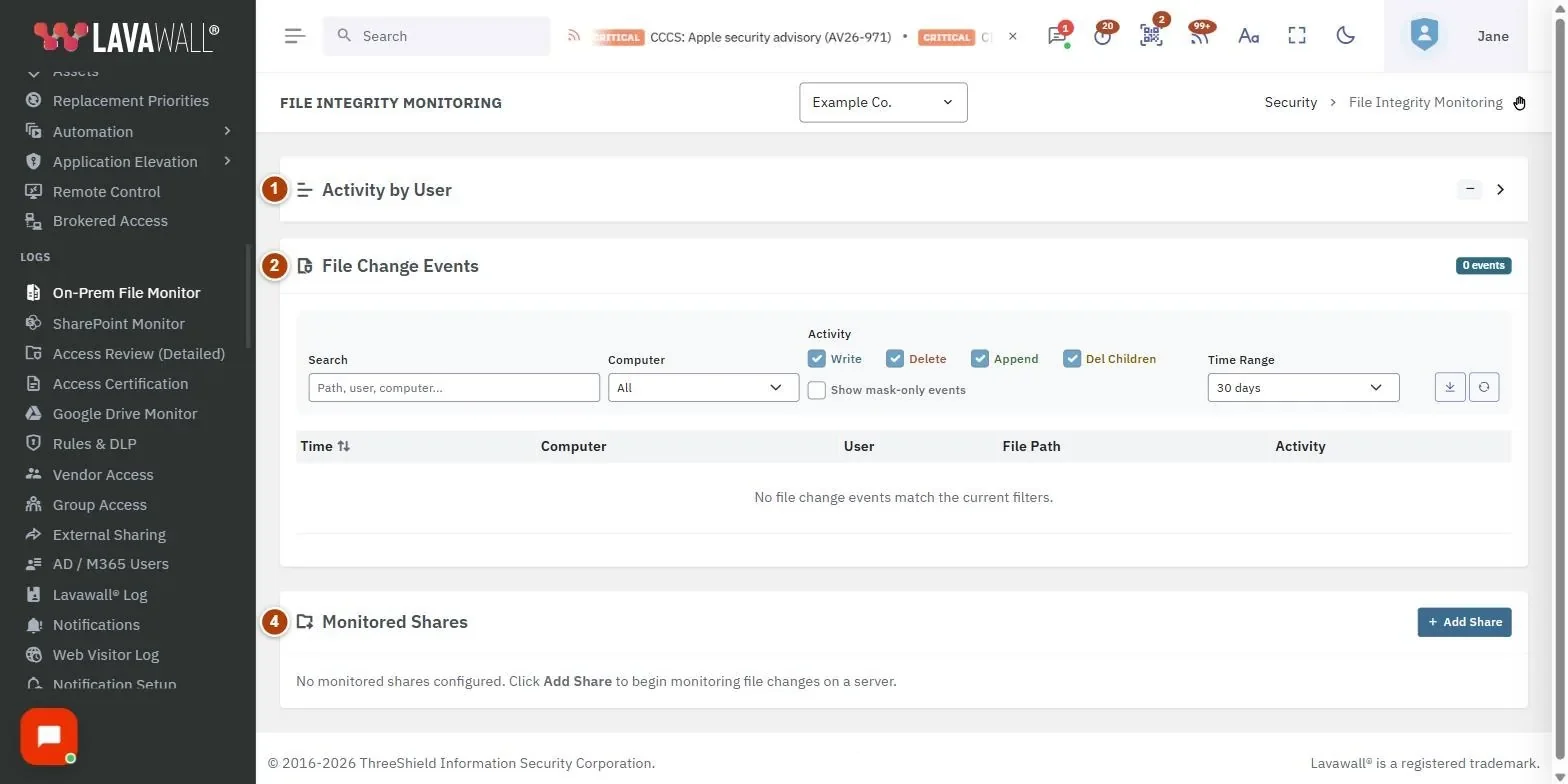 The On-Prem File Monitor page, with the activity by user, file change events, events table, monitored shares and add monitored share numbered 1 to 5.