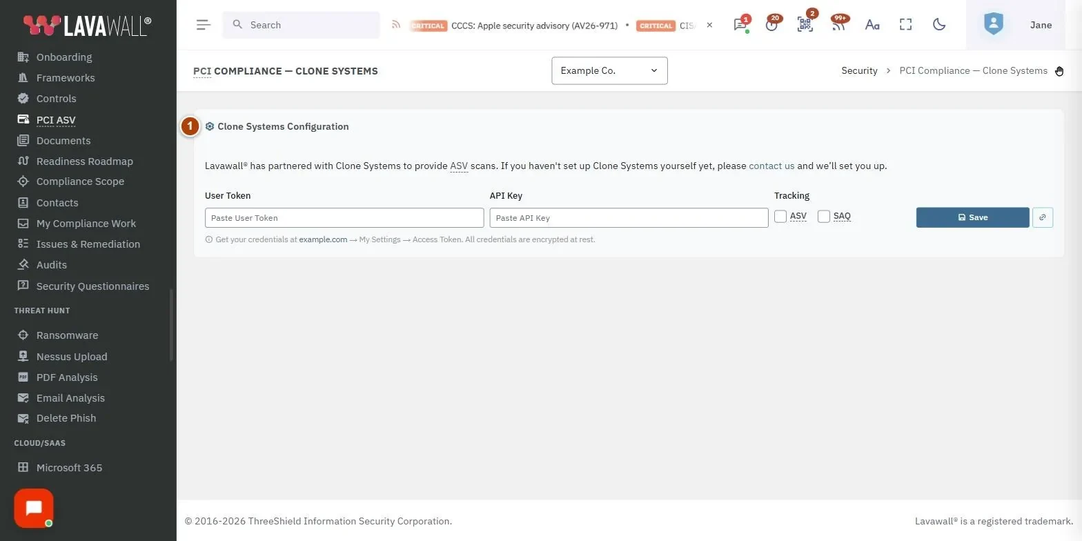 The PCI Compliance: Clone Systems page, with the clone systems configuration, scan targets (ip addresses), asv scan results, open vulnerabilities, self-assessment questionnaires and pci reports numbered 1 to 6.