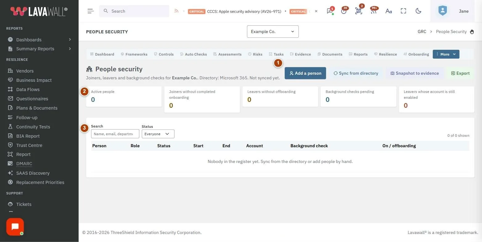 The People Security page, with the header and actions, summary tiles, search and status filter, people table and person dialog numbered 1 to 5.
