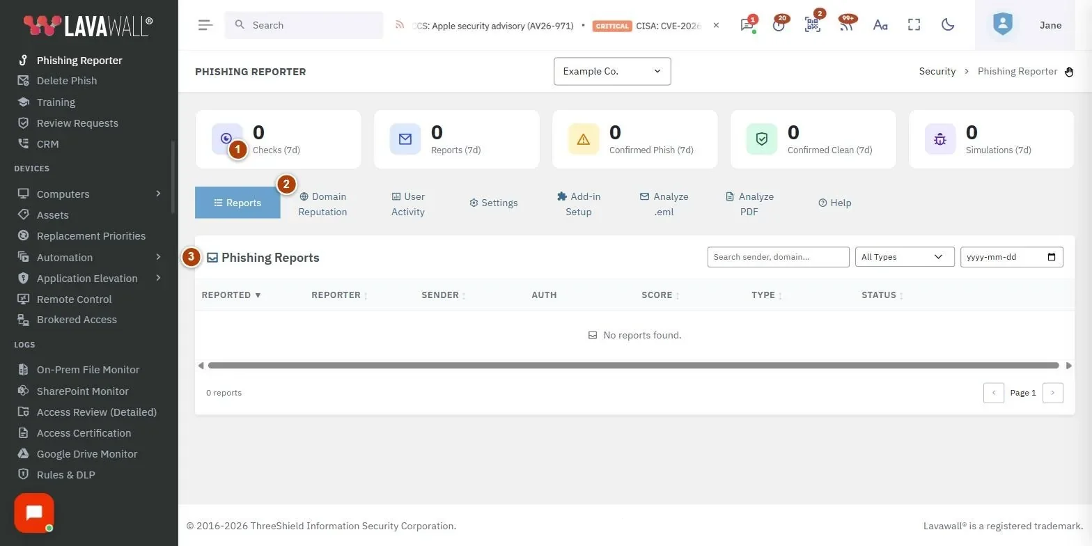 The Phishing Reporter page, with the summary figures (last 7 days), tabs, phishing reports and report detail numbered 1 to 4.