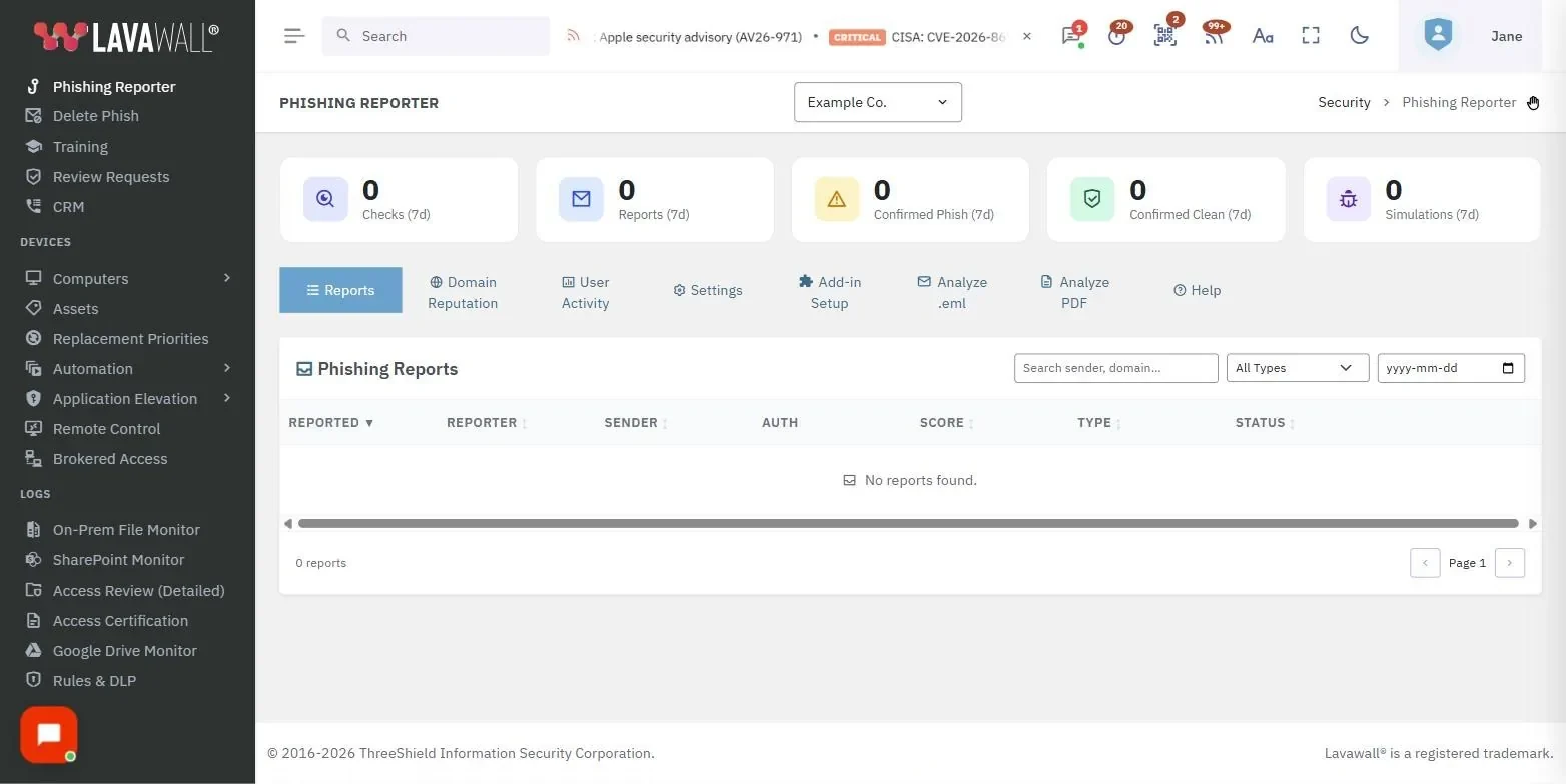 La page Phishing Reporter de la console Lavawall, avec les chiffres sommaires (7 derniers jours), les onglets, les signalements d’hameçonnage et le détail d’un signalement, à partir de données d’exemple.
