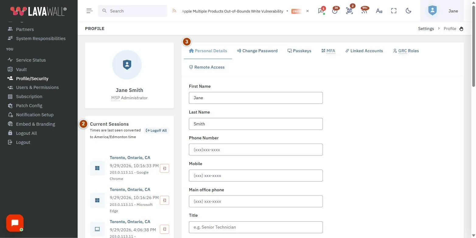 The Profile and Security page, with the your name and role, current sessions, tabs, personal details form and linked authentication methods numbered 1 to 5.