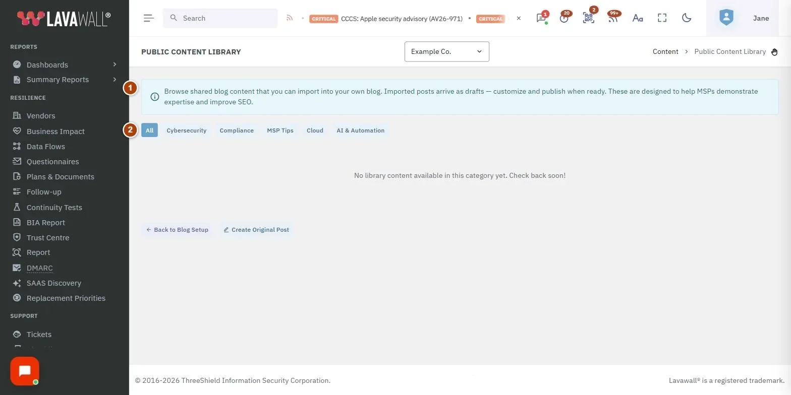 The Public Content Library page, with the information banner, category filters, article cards and page links numbered 1 to 4.