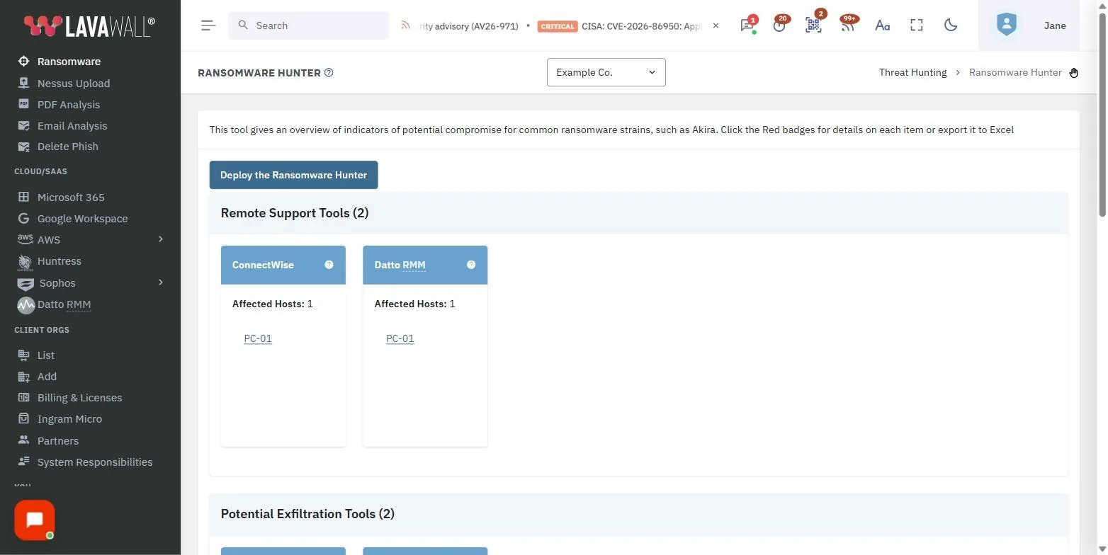 The Ransomware Hunter page in the Lavawall console, showing the deploy the ransomware hunter, remote support tools, potential exfiltration tools and suspicious processes, with example data.