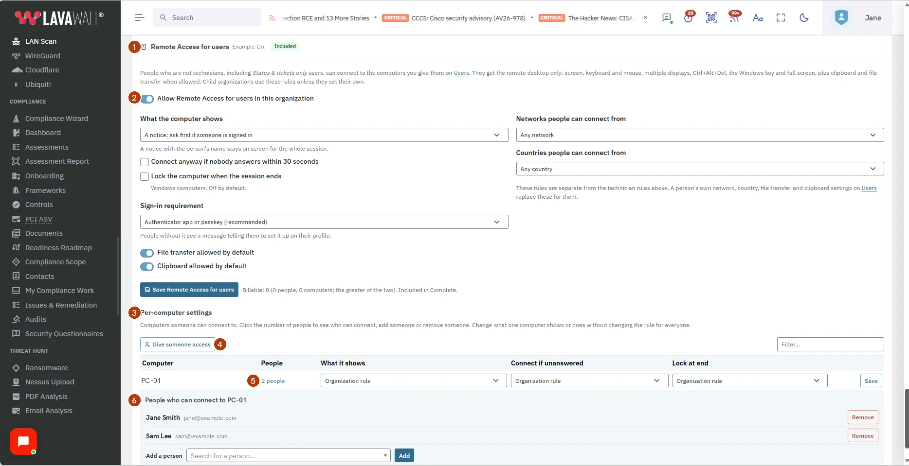 The Remote Access for users settings on Access Policy: allow it for the organization, what the computer shows, sign-in requirement, networks and countries people can connect from, file transfer and clipboard, and per-computer settings listing who can connect to each computer.