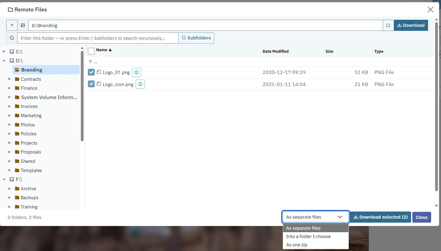 Remote Files : une arborescence des dossiers de l’ordinateur à gauche, deux fichiers sélectionnés à droite, et Download selected avec les choix As separate files, Into a folder I choose et As one zip.