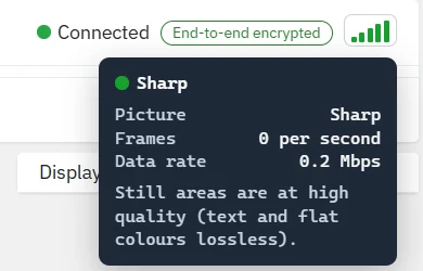 L’indicateur de connexion avec ses détails : Sharp picture, images par seconde, débit de données, et une note précisant que les zones fixes sont affichées en haute qualité.