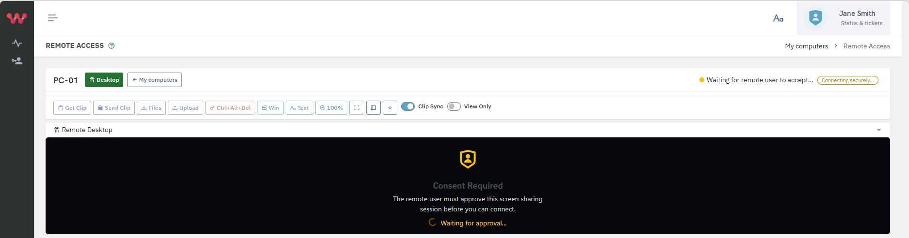 La page d’accès à distance pour PC-01 pendant que l’ordinateur demande une approbation : Waiting for remote user to accept, et Consent Required, Waiting for approval, là où le bureau apparaîtra.