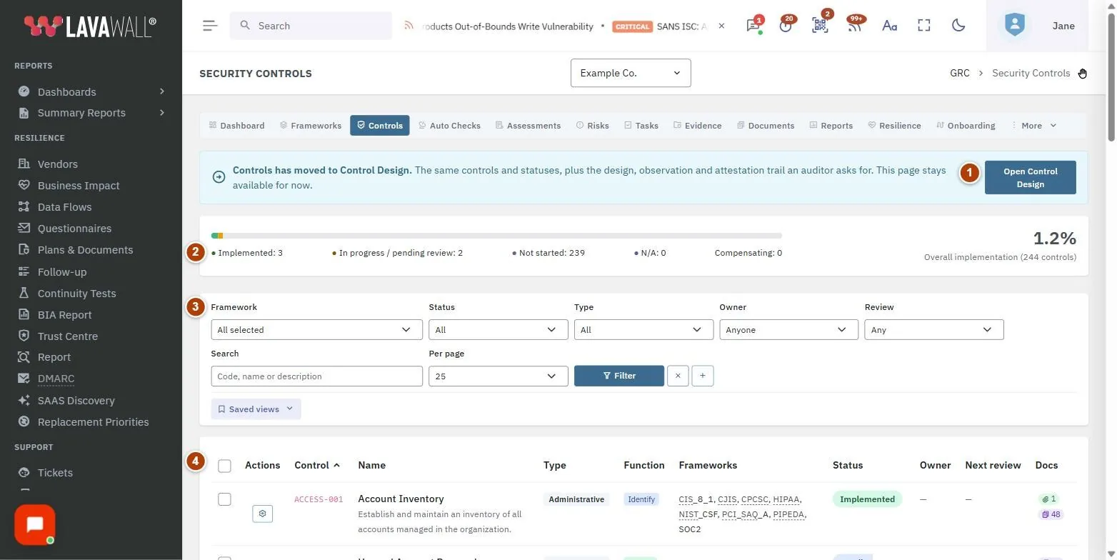 The Security Controls page, with the move notice, implementation summary, filters and views, controls table, bulk bar and control details numbered 1 to 6.