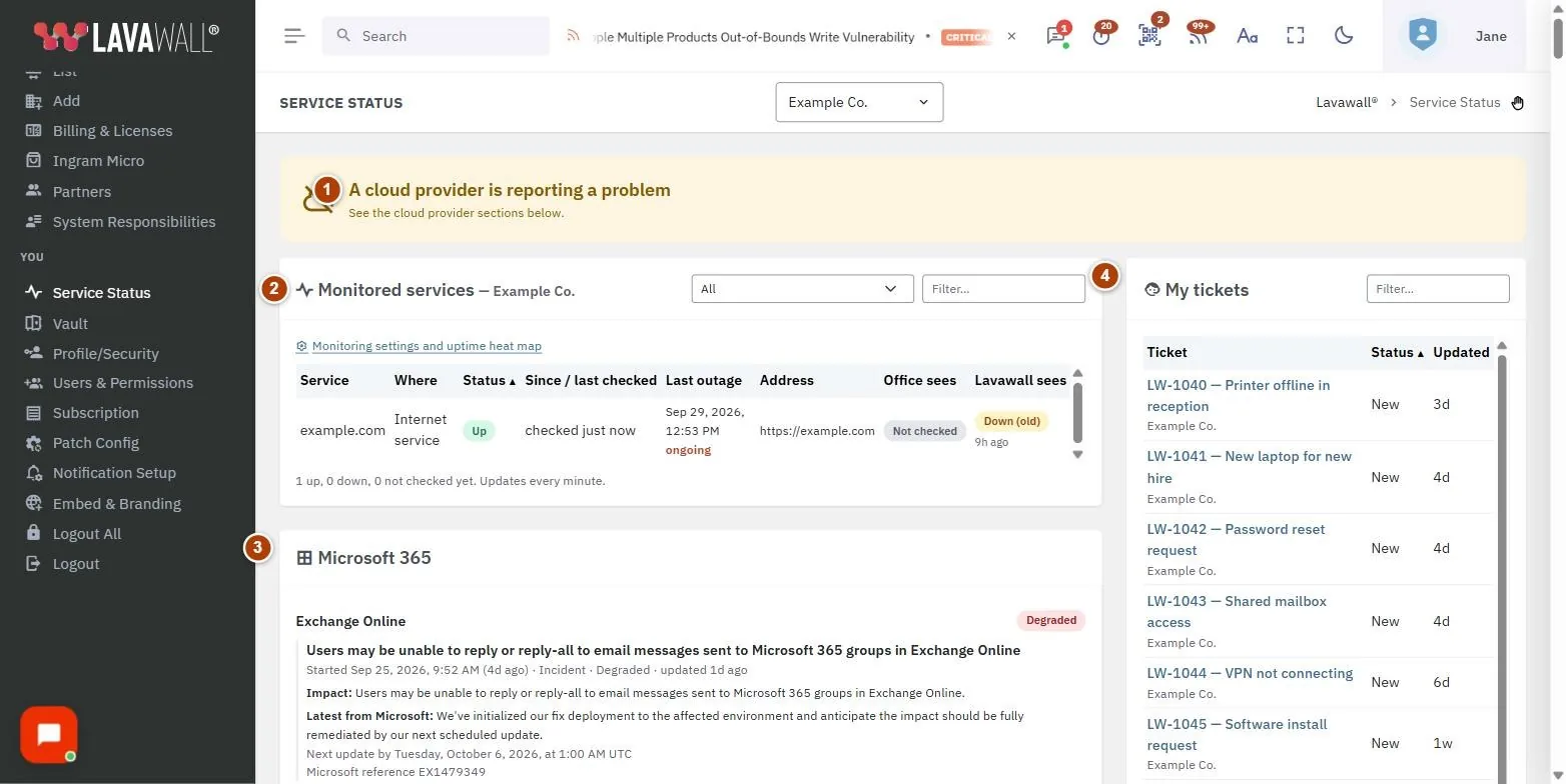 The Service Status page, with the status banner, monitored services, microsoft 365, google workspace and other service providers, my tickets, talk to your it team and new users from your domain numbered 1 to 6.