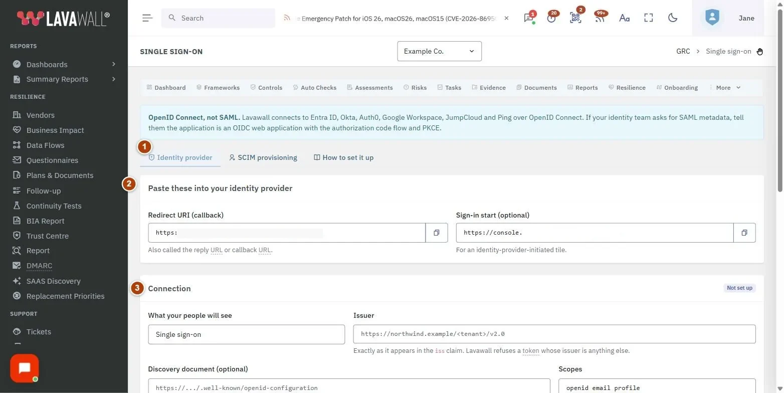 The Single Sign-On page, with the tabs, paste these into your identity provider, connection, client secret, new people and switches, save settings and scim provisioning numbered 1 to 7.