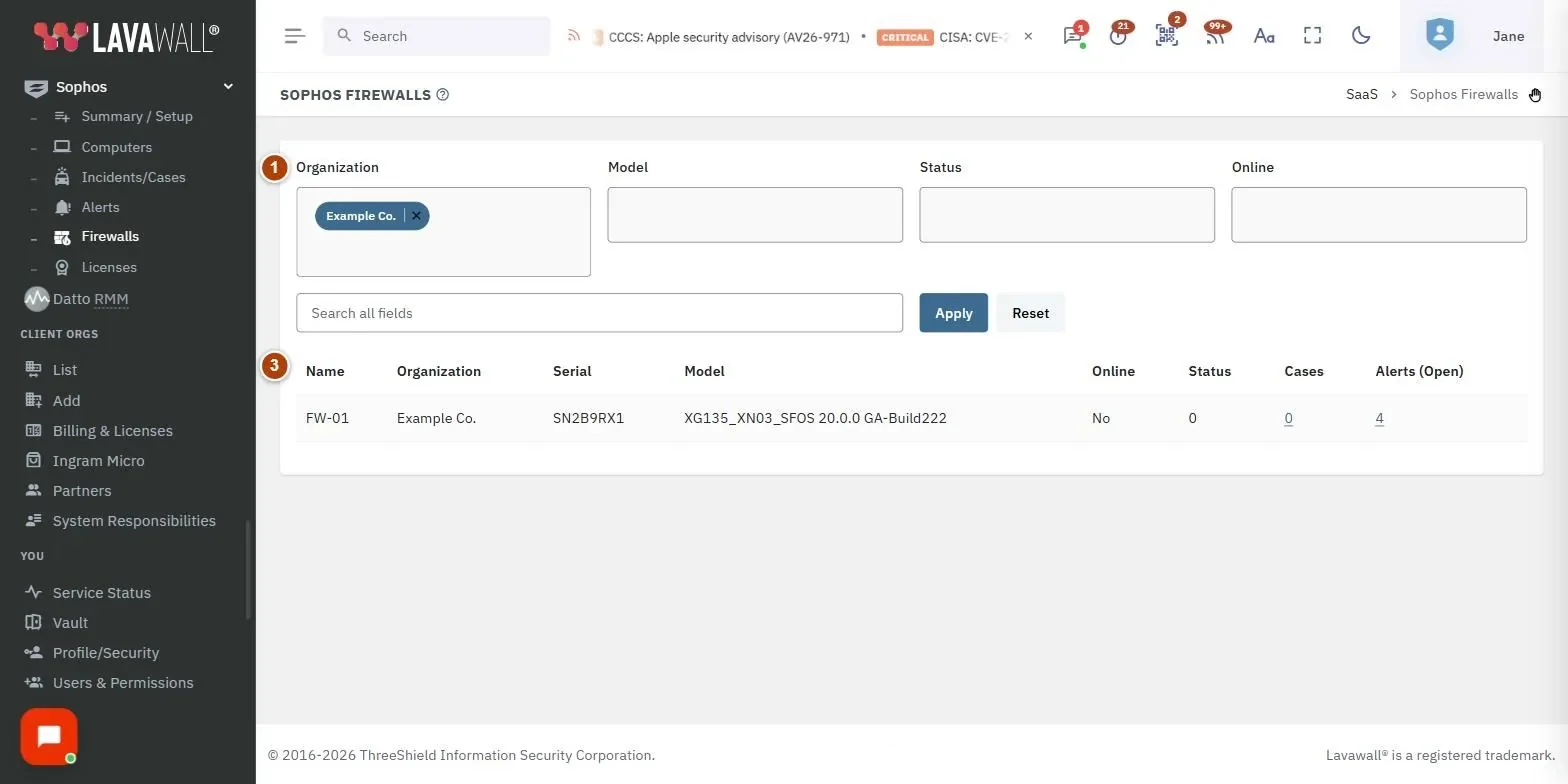 The Sophos Firewalls page, with the filters, search and buttons and firewall table numbered 1 to 3.