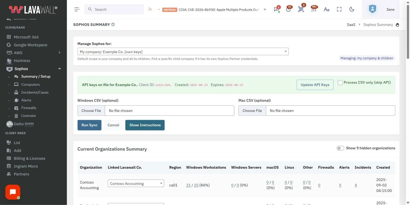 The Sophos Summary and Setup page in the Lavawall console, showing the manage sophos for, api keys status, connection form and progress bars, with example data.