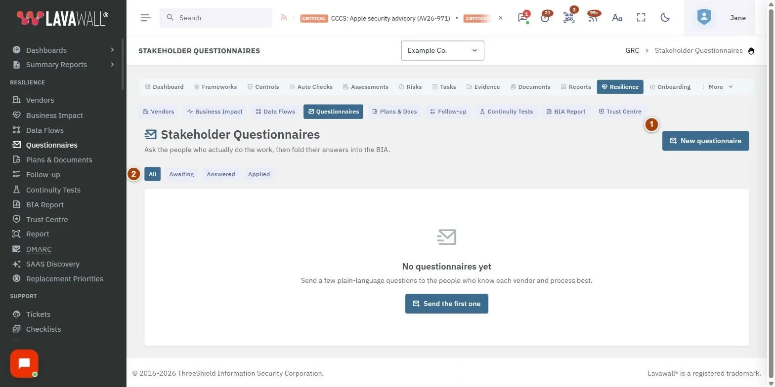 The Stakeholder Questionnaires page, with the new questionnaire, status filters, questionnaire table, row actions and answers numbered 1 to 5.