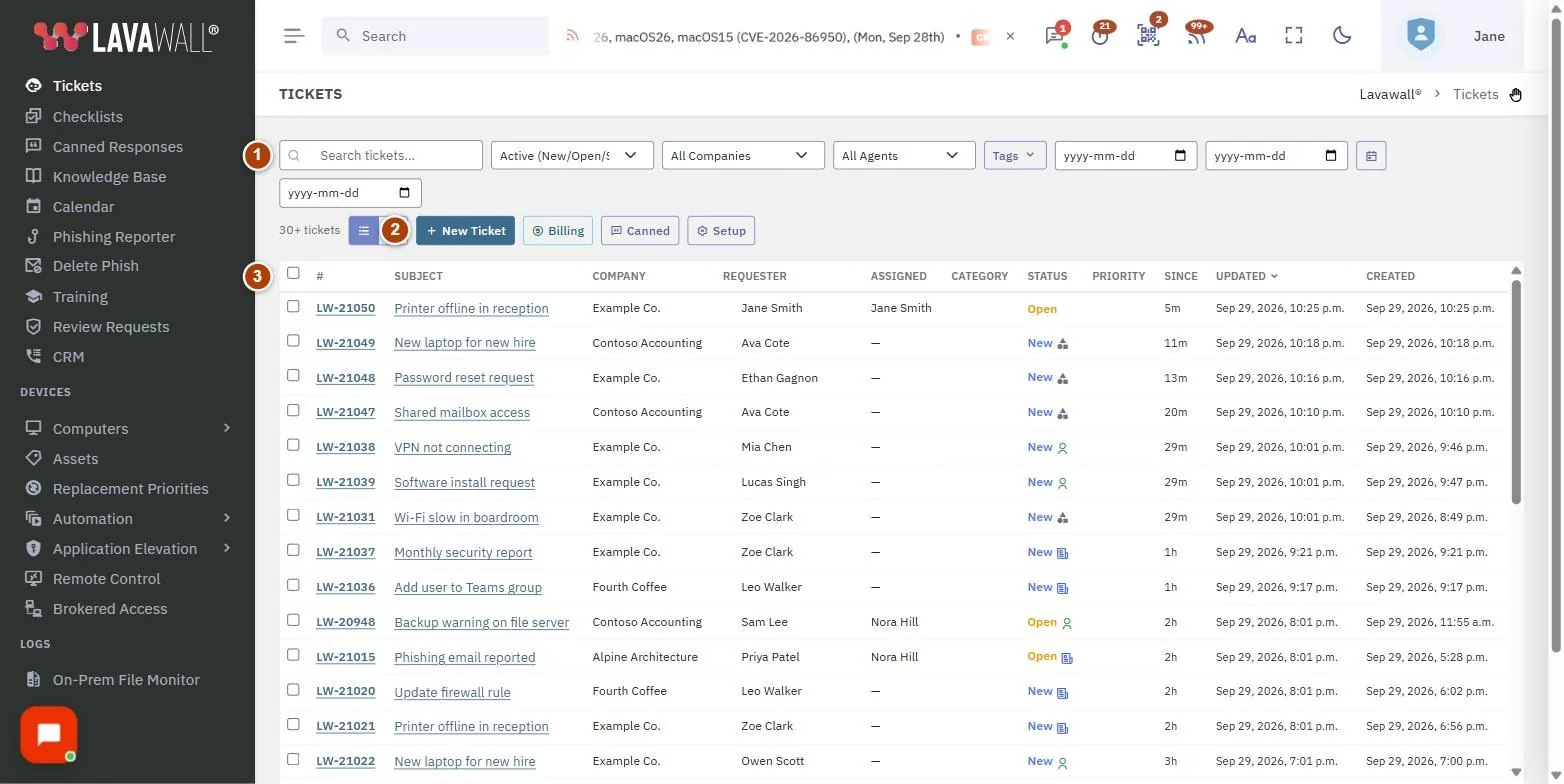 The Tickets page, with the toolbar, bulk action bar, ticket list, ticket window and time and related work numbered 1 to 5.
