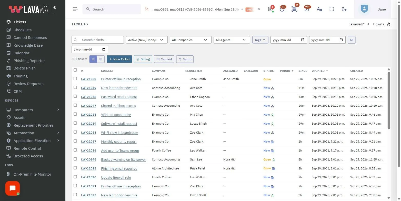 The Tickets page in the Lavawall console, showing the toolbar, bulk action bar, ticket list and ticket window, with example data.