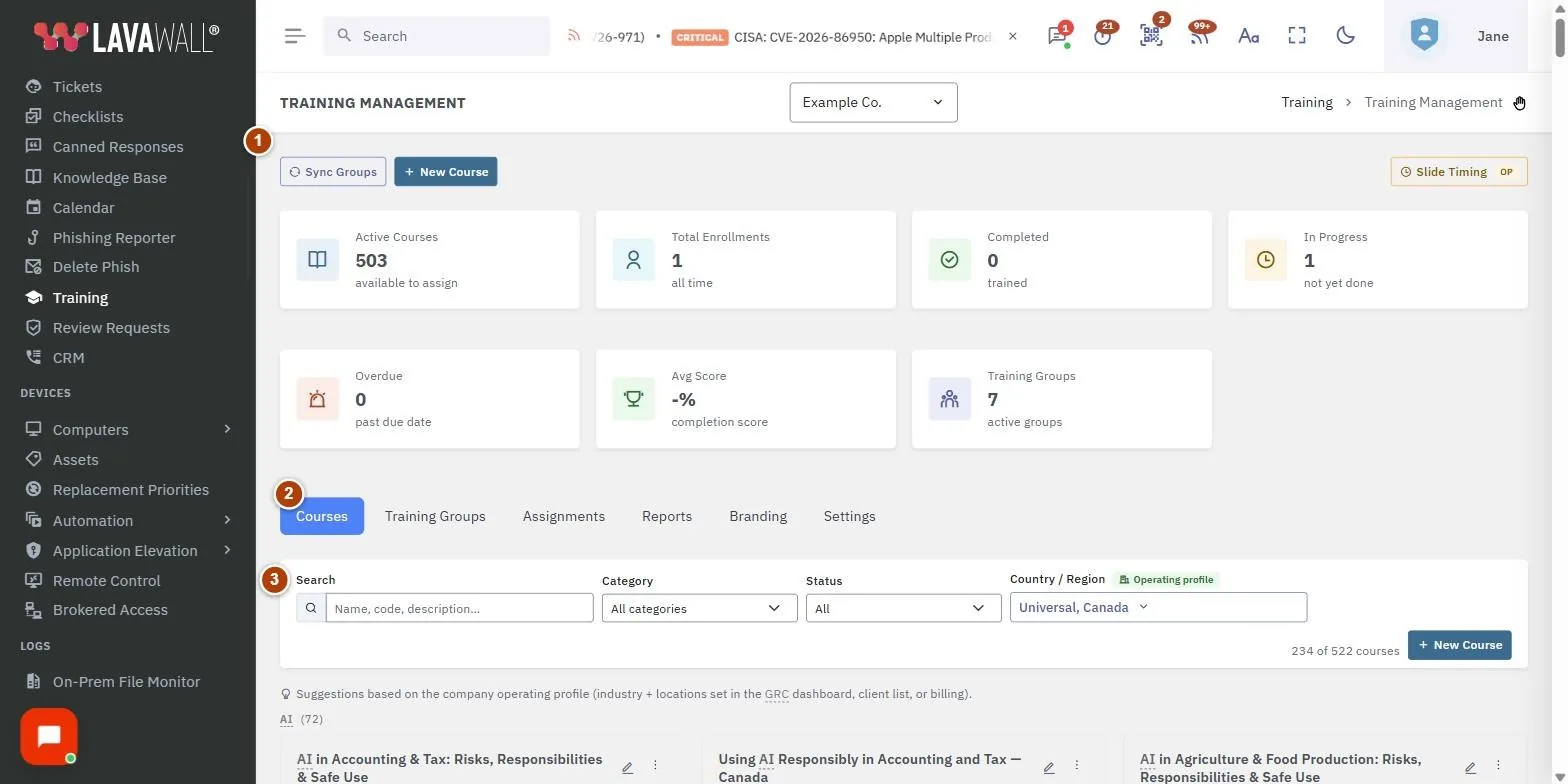 The Training Management page, with the actions and summary cards, sections, courses, course card menu and assignments numbered 1 to 5.