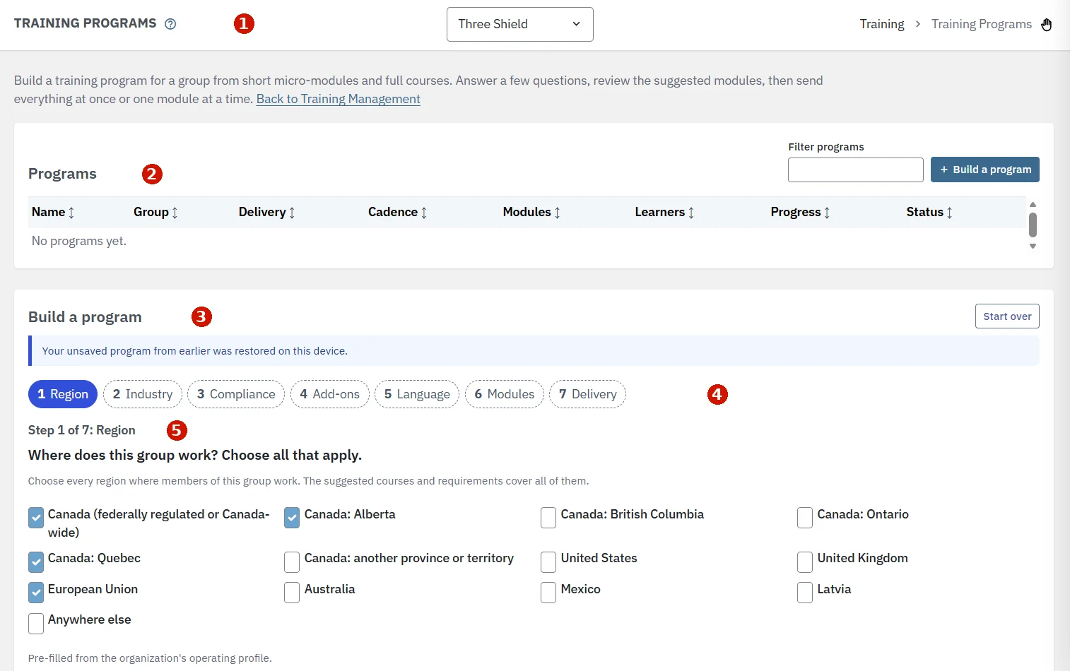 The Training Programs page, with the page title, the Programs table, the Build a program panel, the seven step buttons and step 1, Region, numbered 1 to 5. Canada-wide, Alberta, Quebec and European Union are ticked.