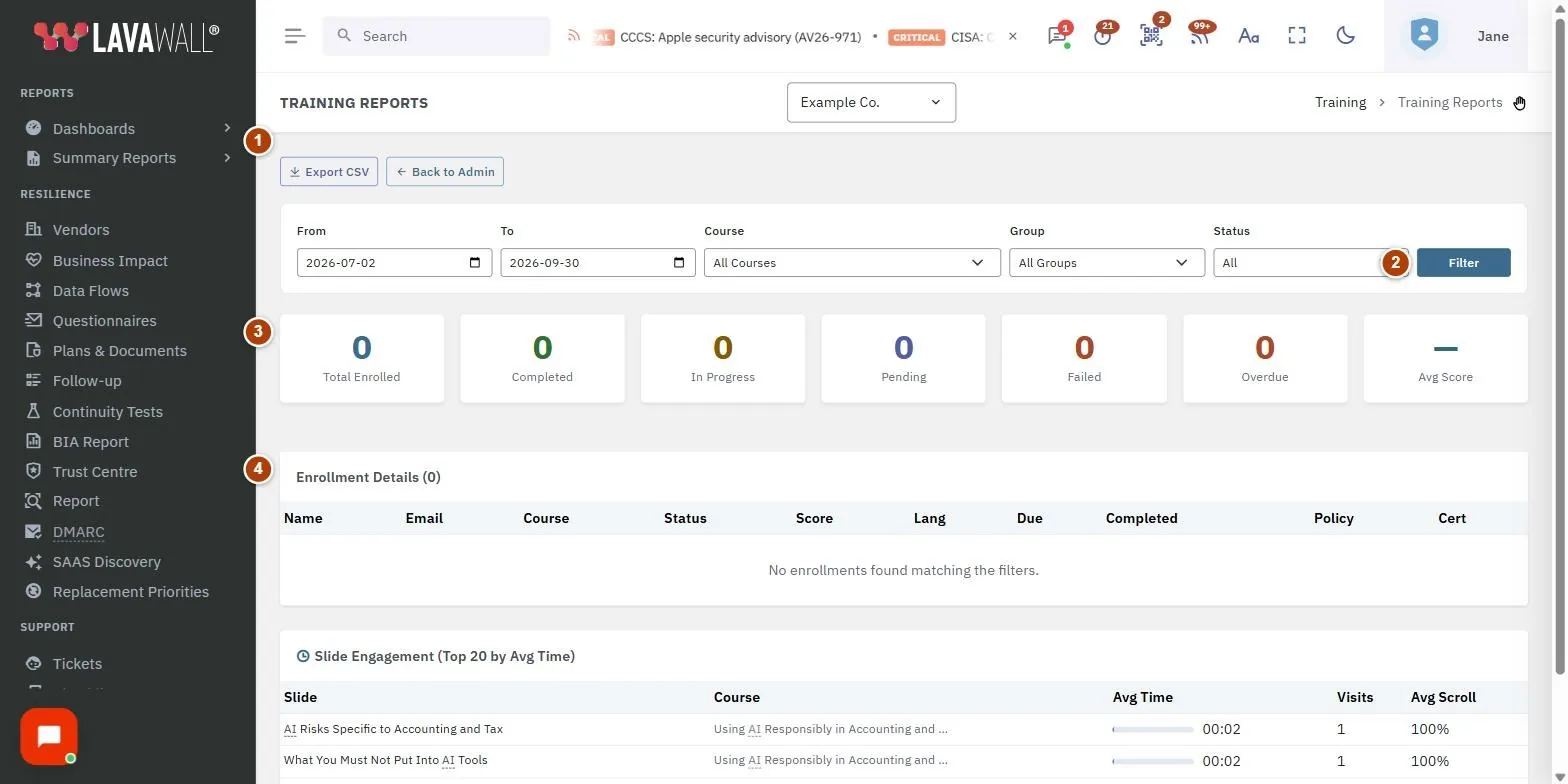 The Training Reports page, with the export csv and back to admin, filters, summary cards, enrollment details, policy agreement summary and slide engagement (top 20 by avg time) numbered 1 to 6.