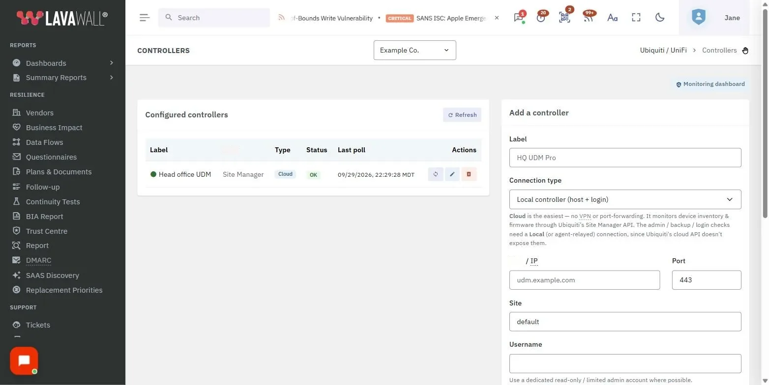 The UniFi Controllers page in the Lavawall console, showing the monitoring dashboard, configured controllers and add a controller, with example data.