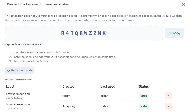 The Connect the Lavawall browser extension window in the console, with a one-time pairing code, a Copy button, and the list of paired browsers with a remove button for each.