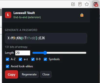 The Generate a password panel, with length, character types, Avoid look-alikes, and Copy and Regenerate buttons.