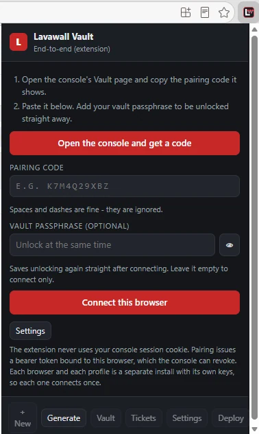 The Lavawall Vault extension window, with Open the console and get a code, a Pairing code box, an optional Vault passphrase box, and Connect this browser.