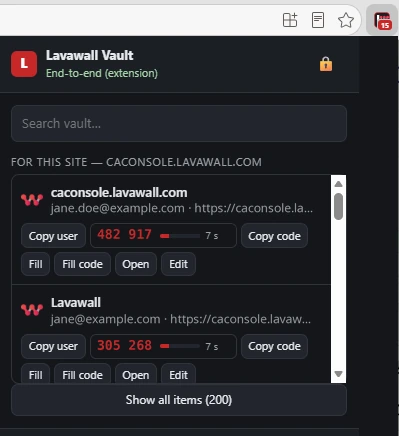 The extension on a sign-in page, listing the logins for this site with their icons, live one-time codes with a countdown, and Copy user, Copy code, Fill and Fill code buttons.