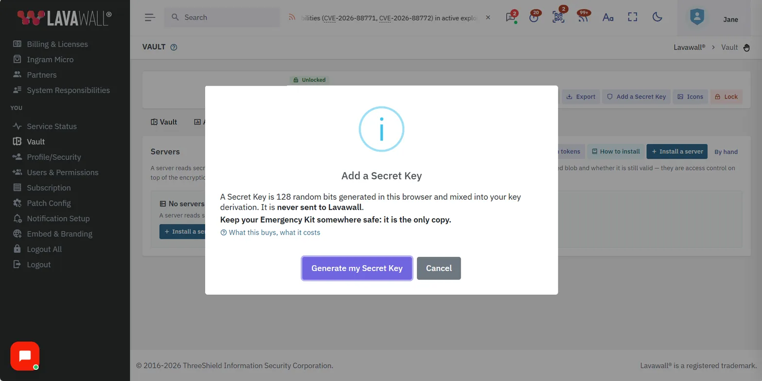 La fenêtre Add a Secret Key : une Secret Key est constituée de 128 bits aléatoires générés dans le navigateur et intégrés à la dérivation de la clé; elle n’est jamais envoyée à Lavawall. Boutons : Generate my Secret Key et Cancel.