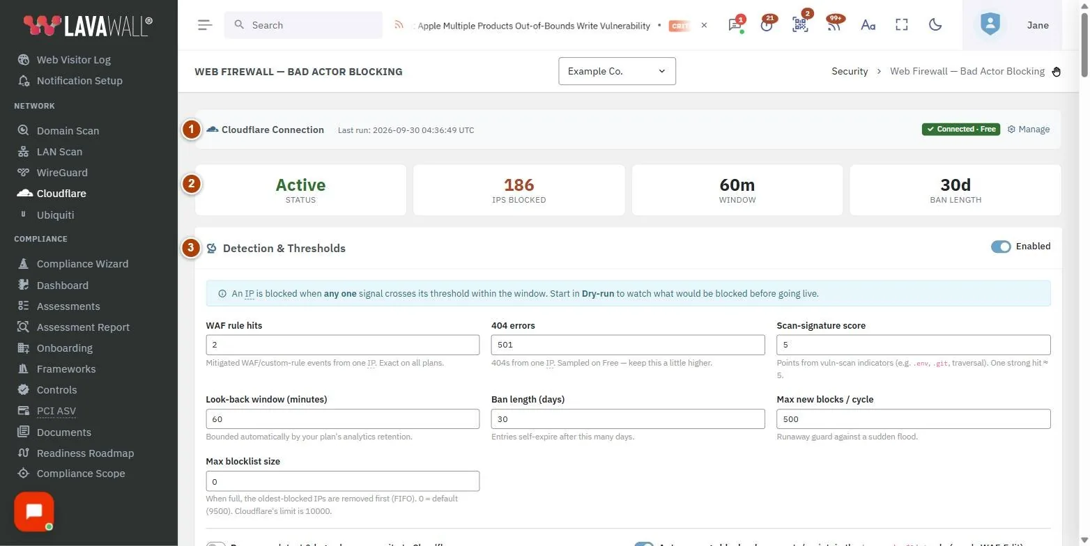 The Web Firewall: Bad Actor Blocking page, with the cloudflare connection, status strip, detection & thresholds, zones, exclusions (never block), trusted ips, account ip lists and currently blocked numbered 1 to 8.