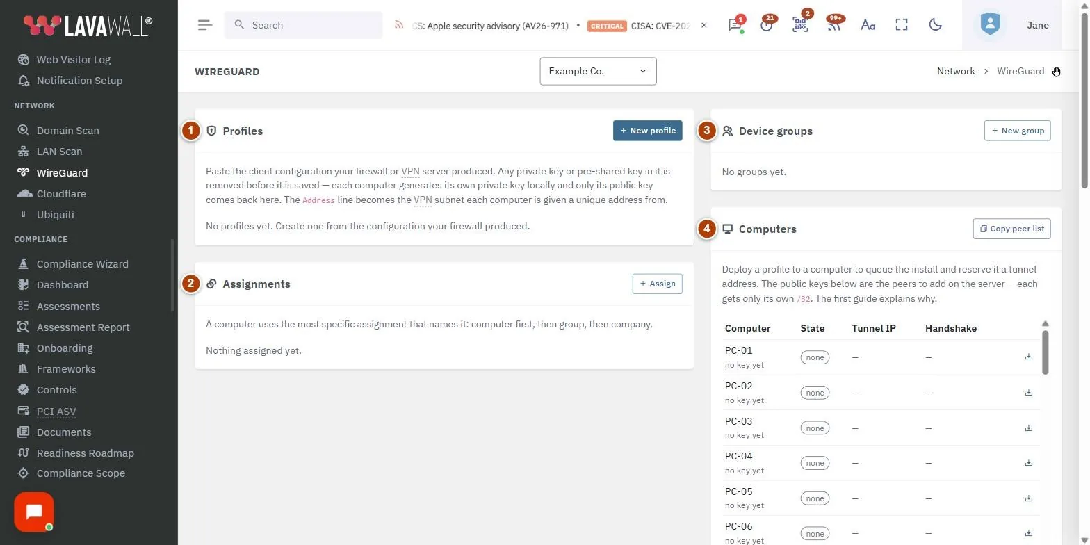 The WireGuard page, with the profiles, assignments, device groups, computers, setup guides and new profile numbered 1 to 6.