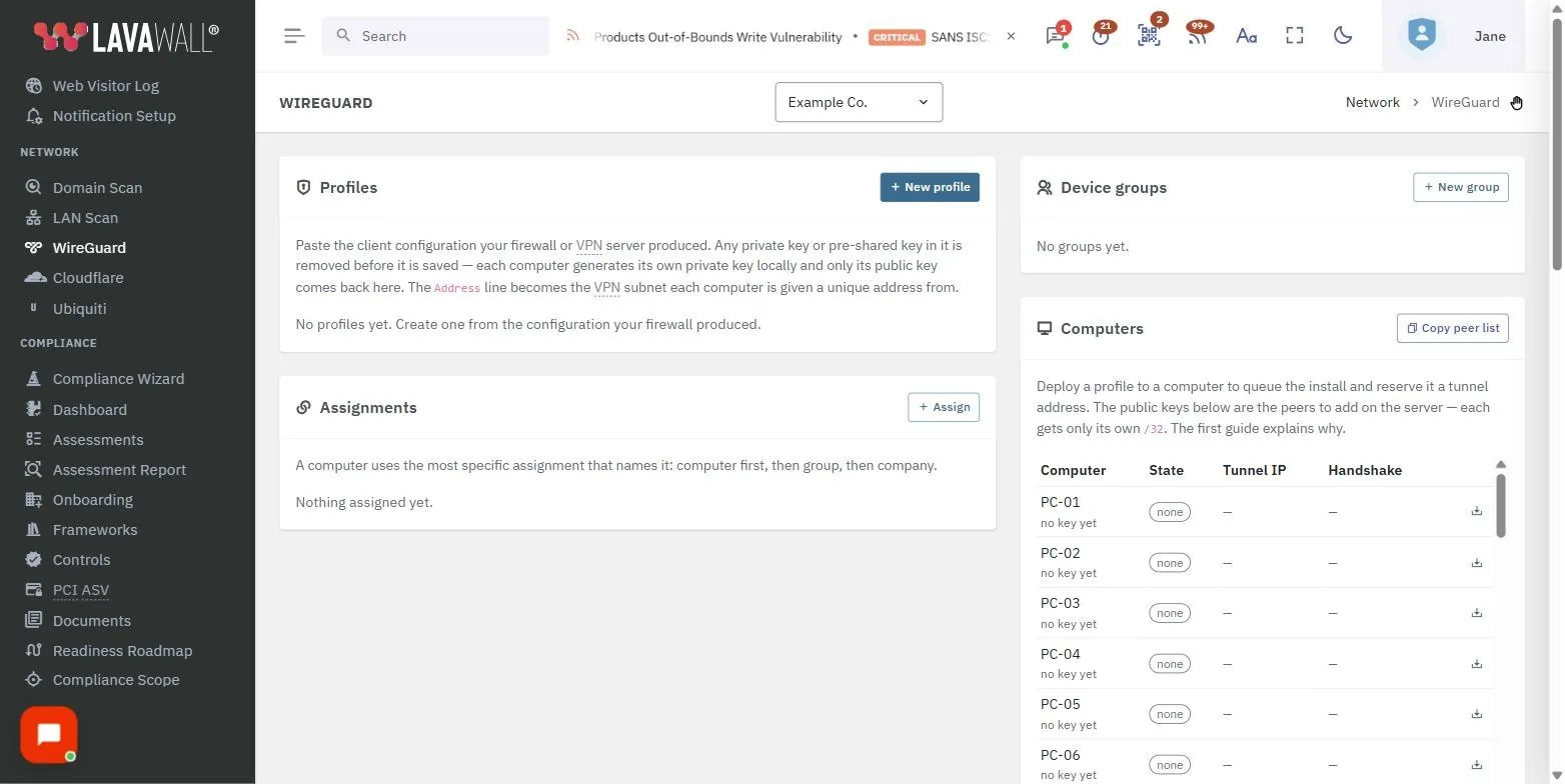 The WireGuard page in the Lavawall console, showing the profiles, assignments, device groups and computers, with example data.