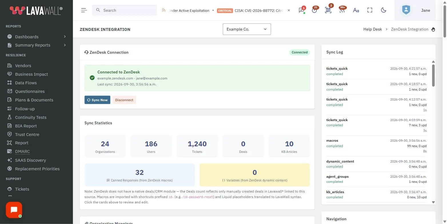 The ZenDesk Integration page in the Lavawall console, showing the zendesk connection, sync statistics, organization mappings and sync log, with example data.