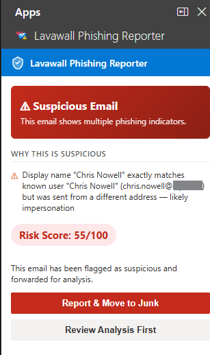 The Lavawall taskpane flagging a suspicious email in Outlook: a plain-language reason (display-name impersonation), a risk score, and one-tap Report or Review actions